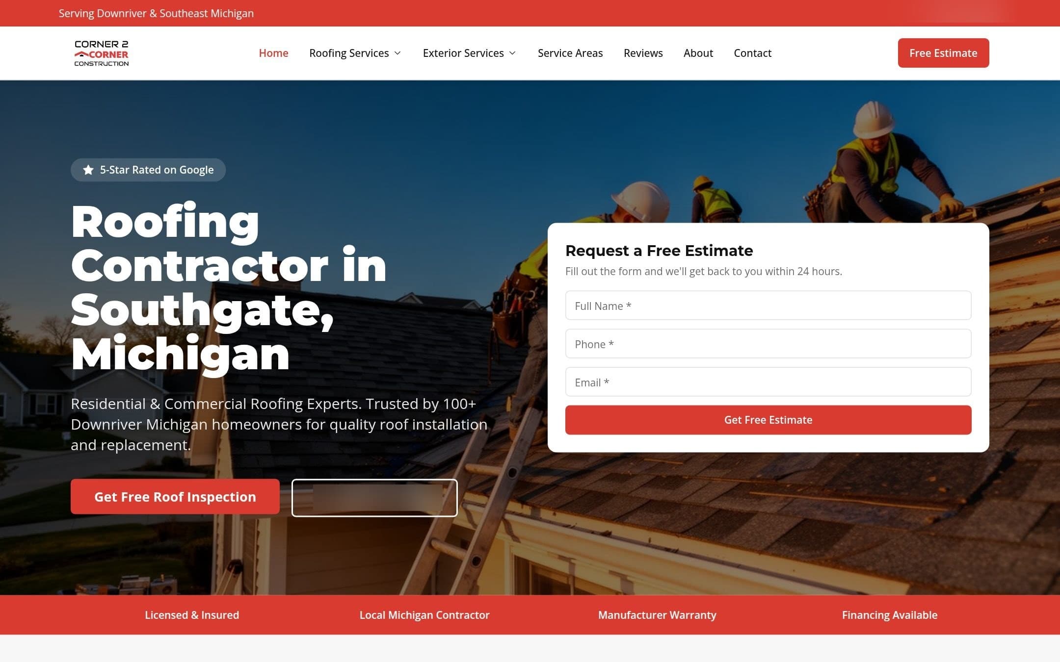 The Corner 2 Corner Construction website, as it is published today