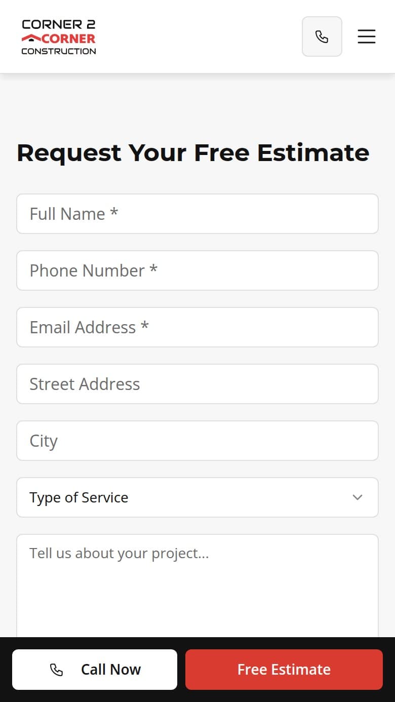The estimate request form on a phone: name, contact details, address, service type, and a note about the project.