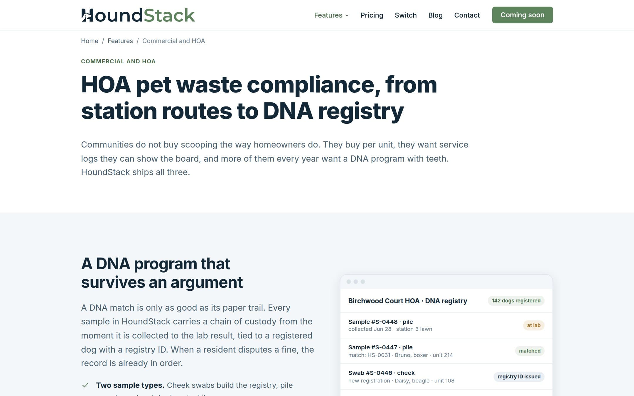 The commercial and HOA page on houndstack.com, with the DNA registry mockup: samples, matches, and chain of custody for a community account.